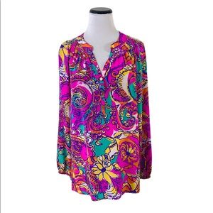 Lilly Pulitzer Elsa Blouse Sz Large 100% Silk Long Sleeve Floral